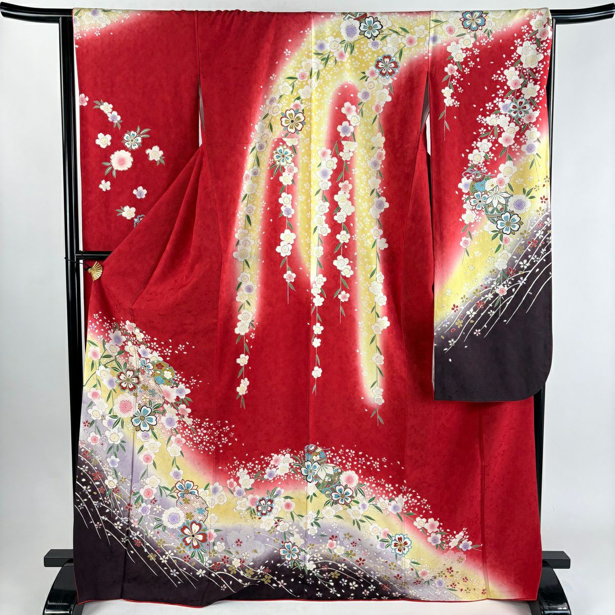 【美品】振袖禮服 身長171cm 袖長66cm M 雙層 雪輪 草花紋 金絲 金銀彩 紅 純蠶絲 秀品級