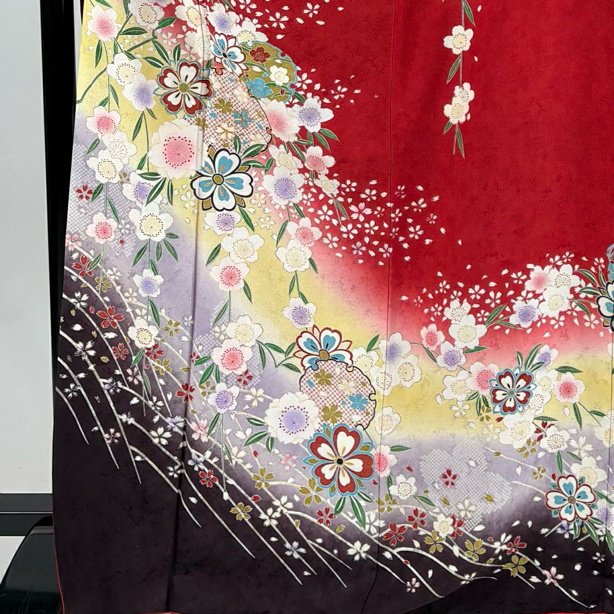 【美品】振袖禮服 身長171cm 袖長66cm M 雙層 雪輪 草花紋 金絲 金銀彩 紅 純蠶絲 秀品級