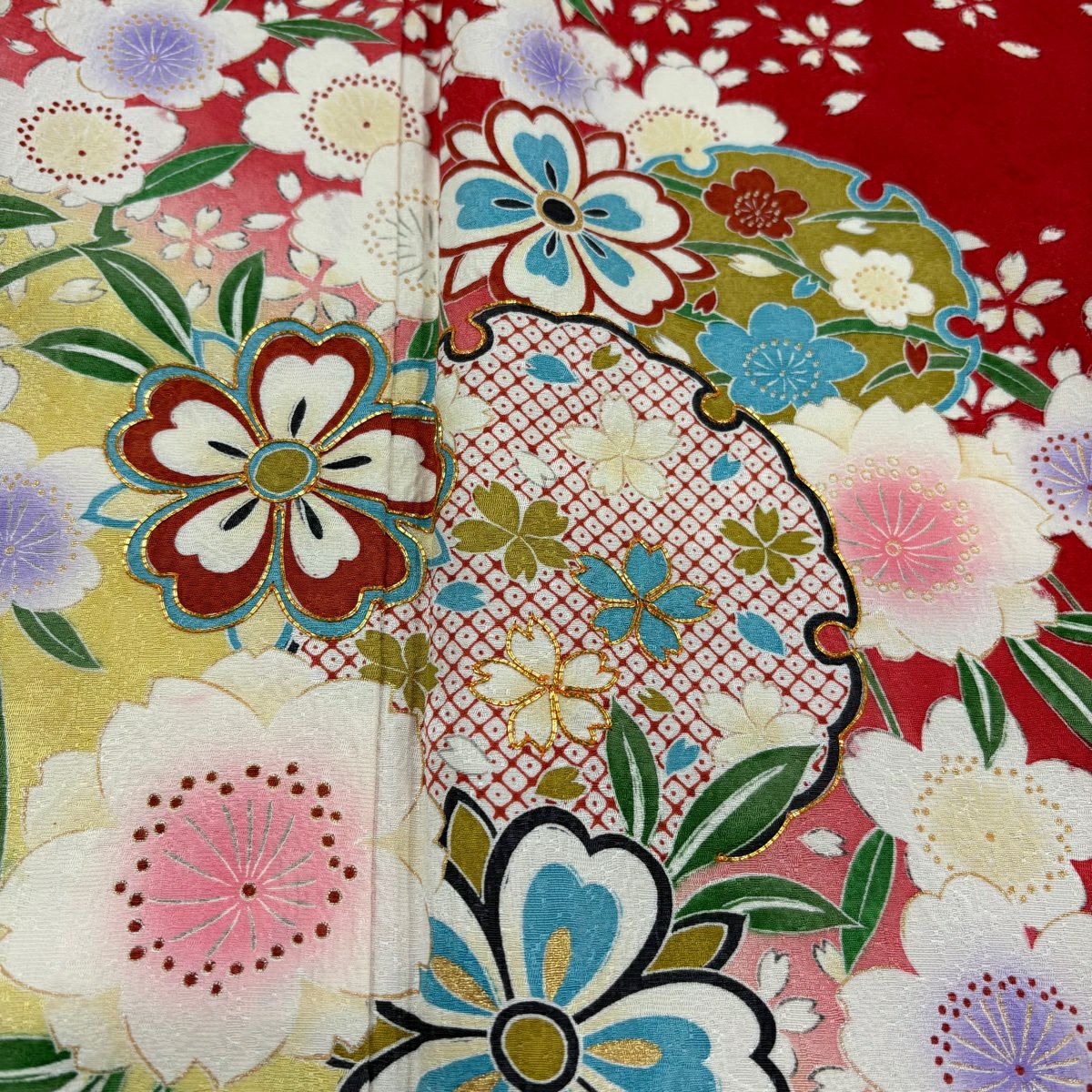 【美品】振袖禮服 身長171cm 袖長66cm M 雙層 雪輪 草花紋 金絲 金銀彩 紅 純蠶絲 秀品級