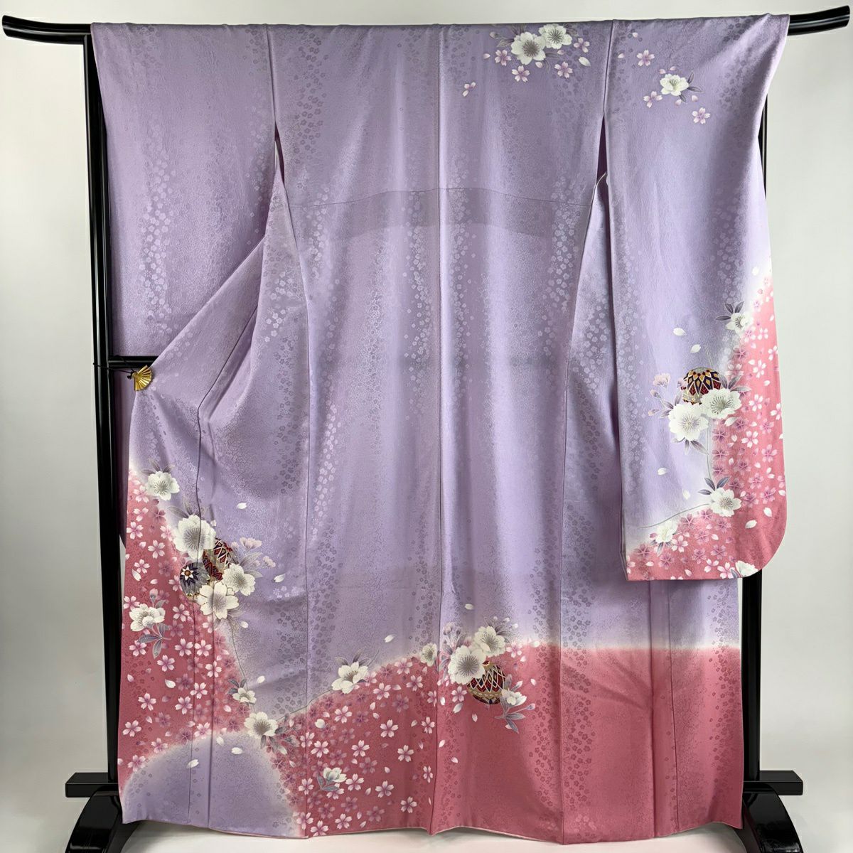 【美品】振袖禮服 身長167.5cm 袖長68cm L 雙層 手鞠 櫻花 金絲 金銀彩 淺紫 純蠶絲 秀品級