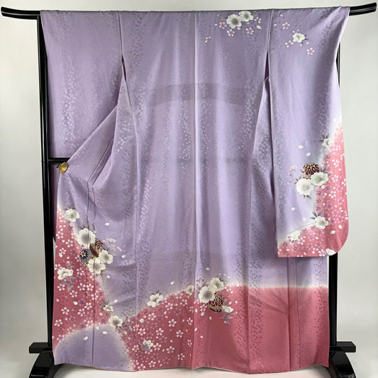 【美品】振袖禮服 身長167.5cm 袖長68cm L 雙層 手鞠 櫻花 金絲 金銀彩 淺紫 純蠶絲 秀品級
