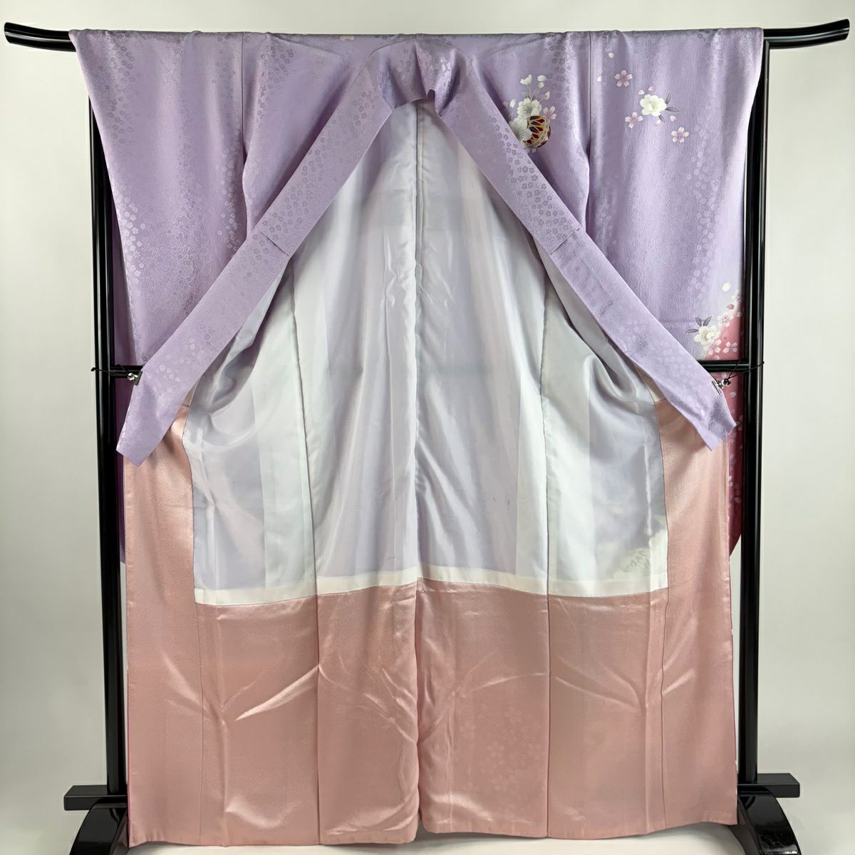 【美品】振袖禮服 身長167.5cm 袖長68cm L 雙層 手鞠 櫻花 金絲 金銀彩 淺紫 純蠶絲 秀品級