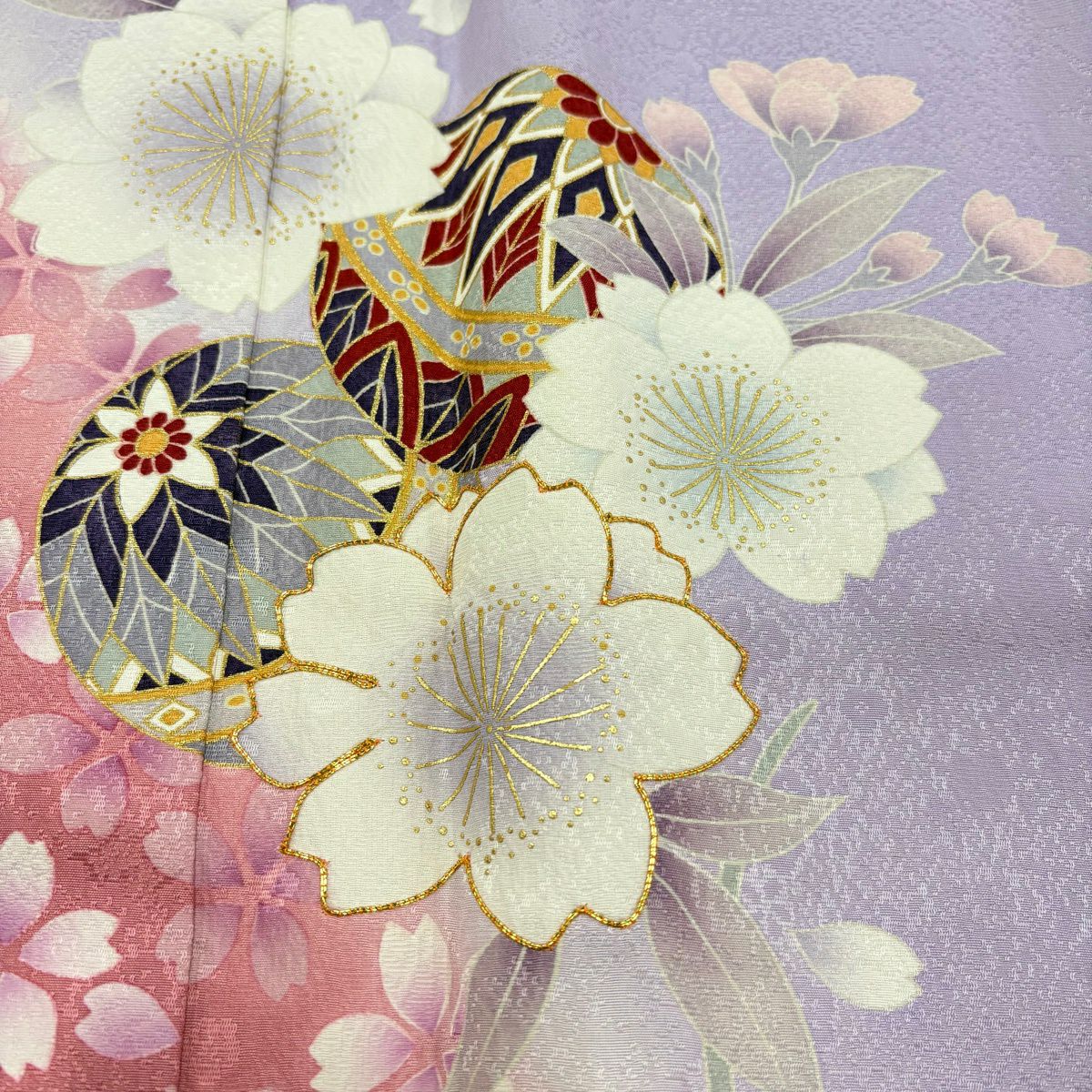 【美品】振袖禮服 身長167.5cm 袖長68cm L 雙層 手鞠 櫻花 金絲 金銀彩 淺紫 純蠶絲 秀品級