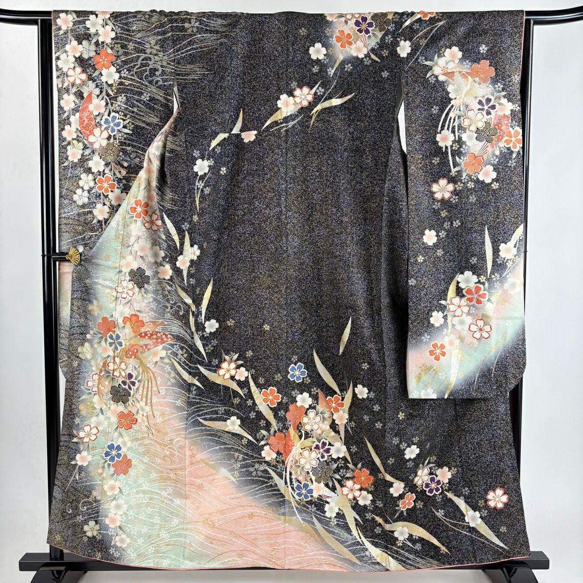 振袖禮服 身長159cm 袖長63.5cm S 雙層 夢二浪漫 落款あり 尾長鳥 草花紋 金絲 金銀彩 黑 純蠶絲 秀品級