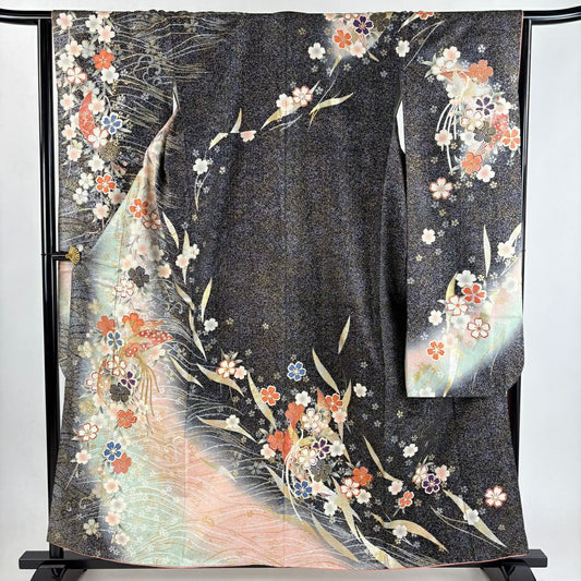 振袖禮服 身長159cm 袖長63.5cm S 雙層 夢二浪漫 落款あり 尾長鳥 草花紋 金絲 金銀彩 黑 純蠶絲 秀品級