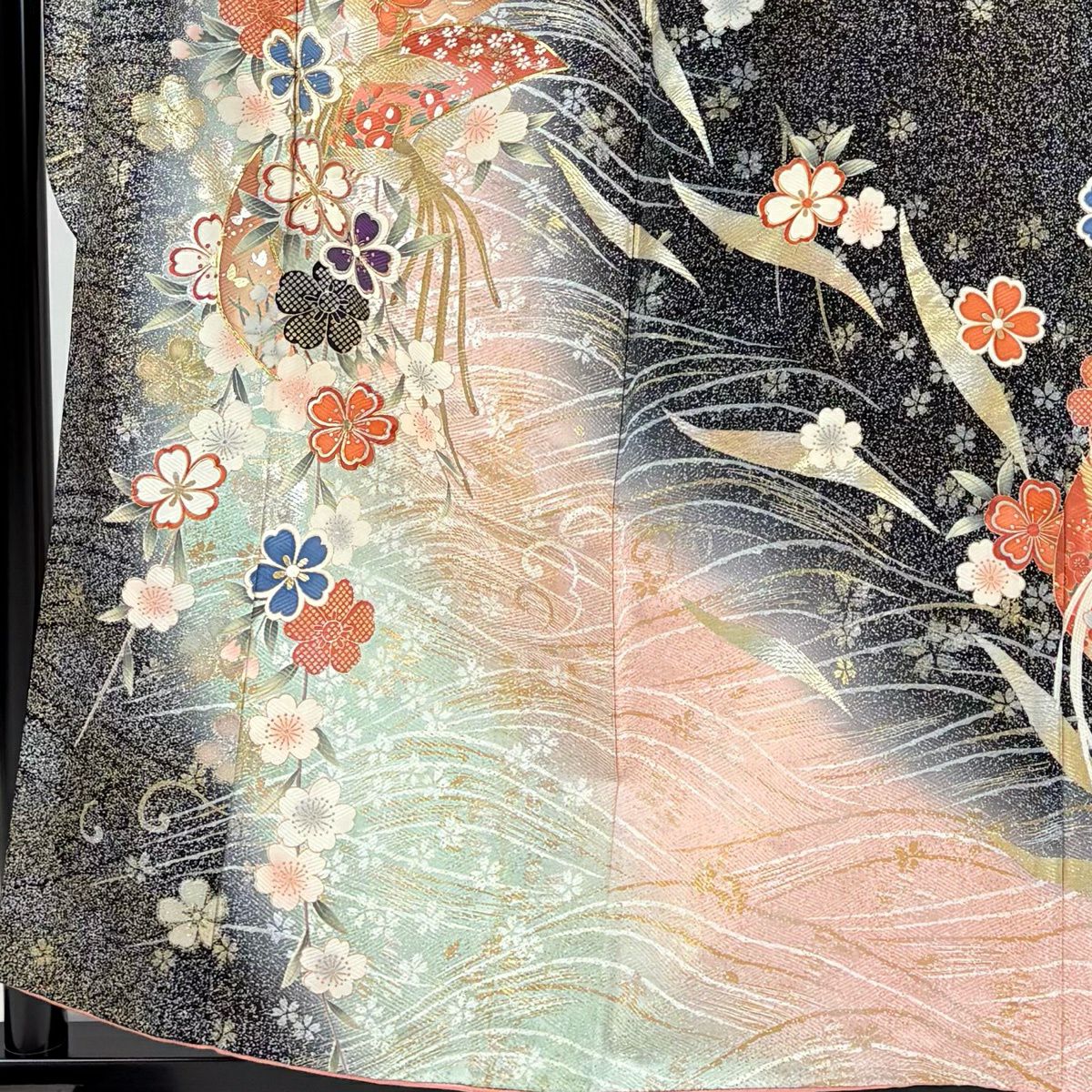 振袖禮服 身長159cm 袖長63.5cm S 雙層 夢二浪漫 落款あり 尾長鳥 草花紋 金絲 金銀彩 黑 純蠶絲 秀品級