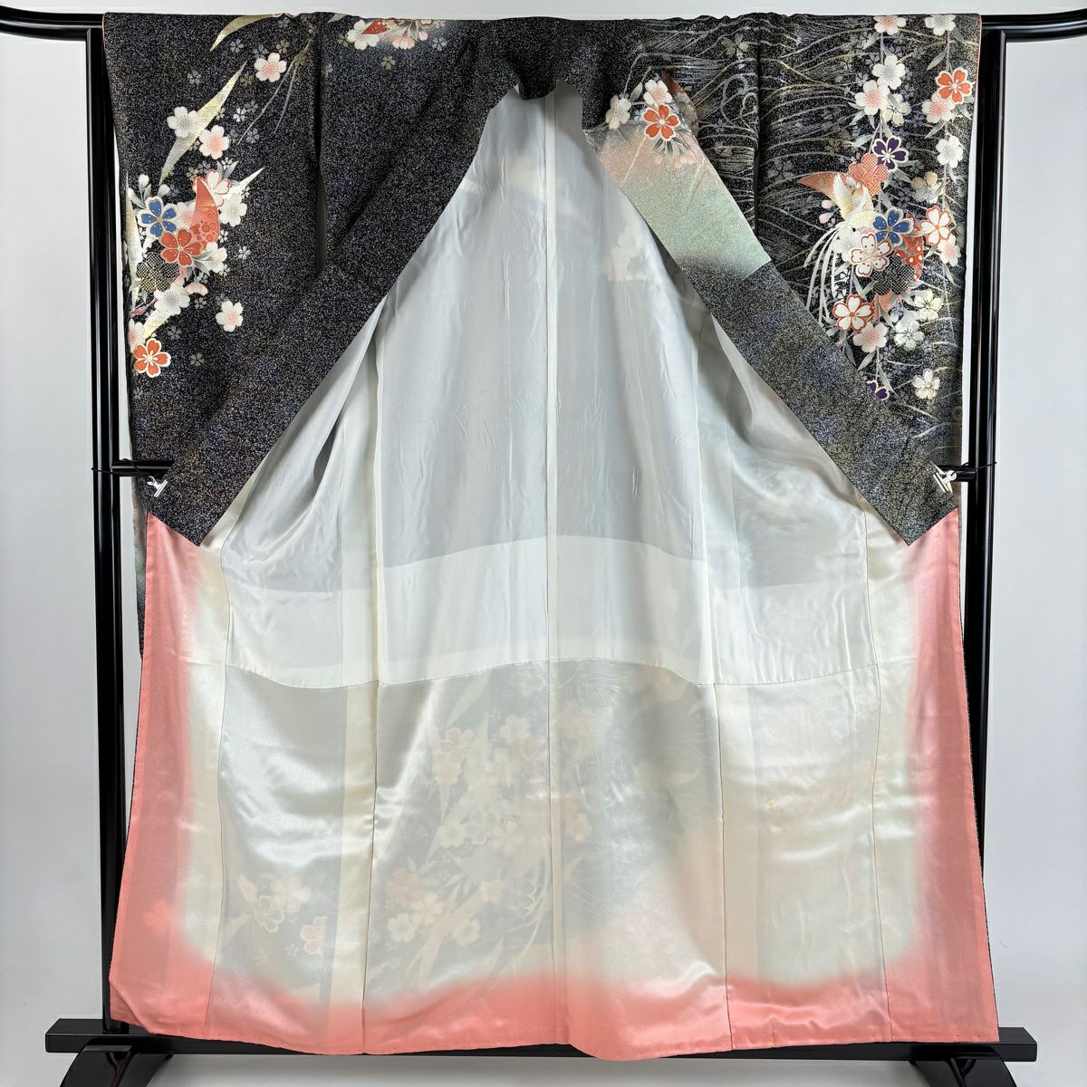 振袖禮服 身長159cm 袖長63.5cm S 雙層 夢二浪漫 落款あり 尾長鳥 草花紋 金絲 金銀彩 黑 純蠶絲 秀品級