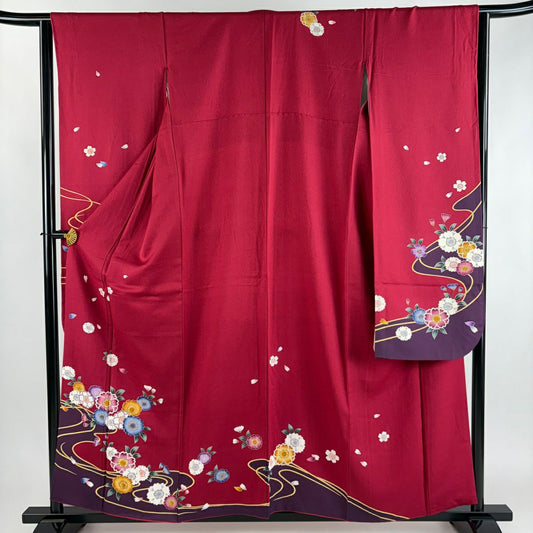 振袖禮服 身長158cm 袖長63cm S 雙層 櫻花 流水 金彩裝飾 深紅 純蠶絲 優品級