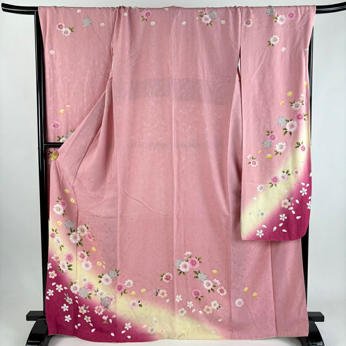 振袖禮服 身長168cm 袖長70cm L 雙層 草花紋紋 櫻花 金彩裝飾 金金箔 粉紅 純蠶絲 秀品級
