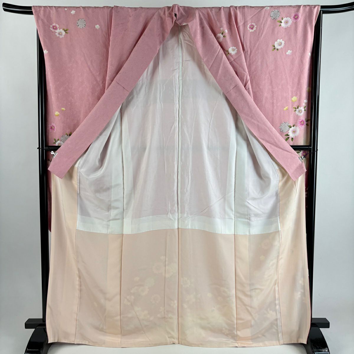 振袖禮服 身長168cm 袖長70cm L 雙層 草花紋紋 櫻花 金彩裝飾 金金箔 粉紅 純蠶絲 秀品級