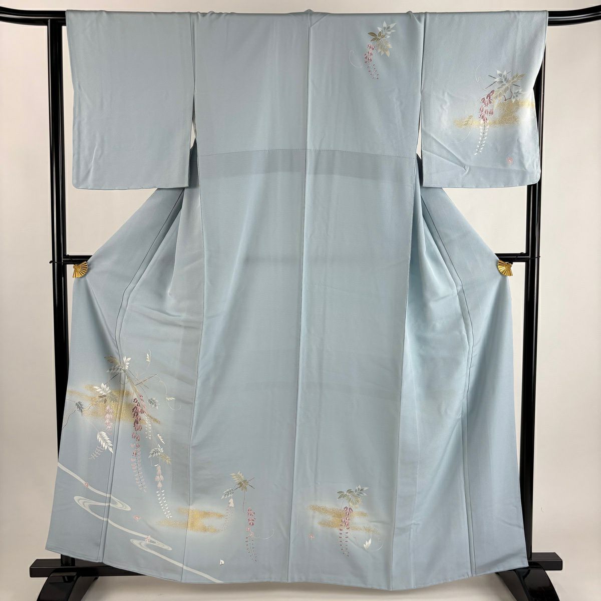 付下 身長162cm 袖長64cm M 雙層 草花紋紋 流水 金銀彩 漸層 淺藍 純蠶絲 優品級