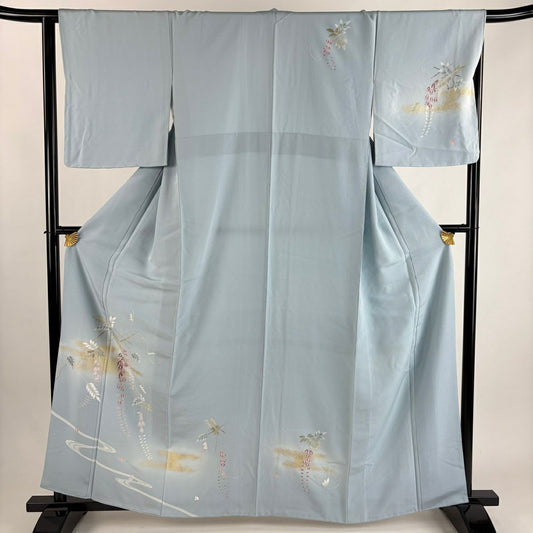 付下 身長162cm 袖長64cm M 雙層 草花紋紋 流水 金銀彩 漸層 淺藍 純蠶絲 優品級