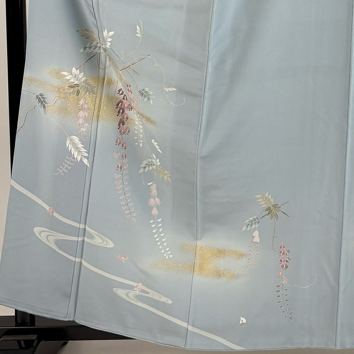 付下 身長162cm 袖長64cm M 雙層 草花紋紋 流水 金銀彩 漸層 淺藍 純蠶絲 優品級