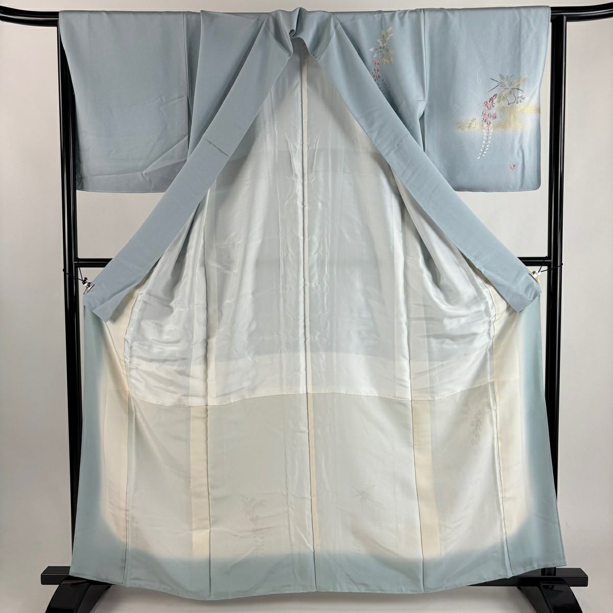 付下 身長162cm 袖長64cm M 雙層 草花紋紋 流水 金銀彩 漸層 淺藍 純蠶絲 優品級