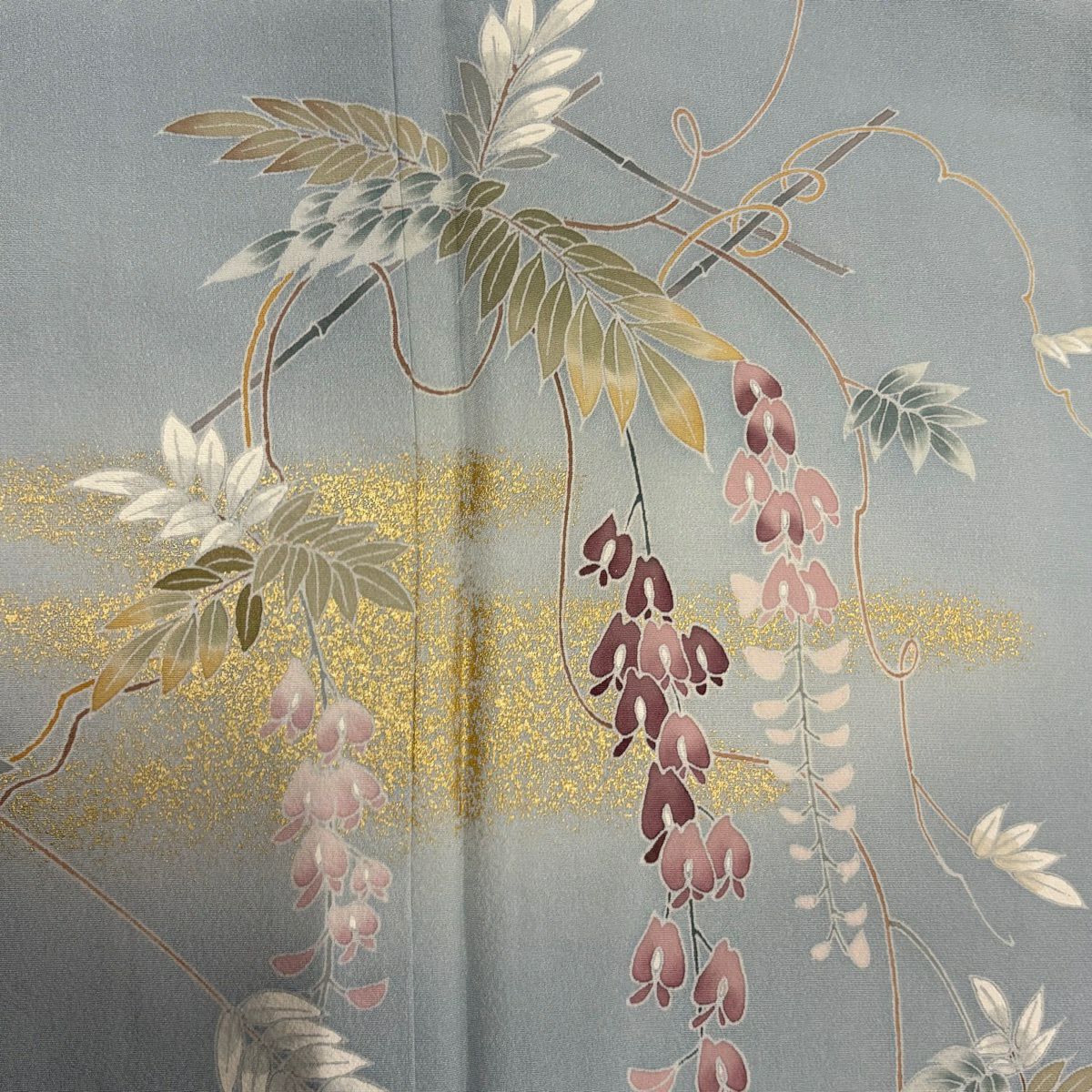 付下 身長162cm 袖長64cm M 雙層 草花紋紋 流水 金銀彩 漸層 淺藍 純蠶絲 優品級