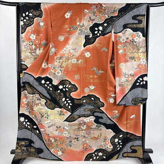 振袖禮服 身長166.5cm 袖長64.5cm M 雙層 蝶 草花紋 金絲 金銀彩 紅茶 純蠶絲 秀品級