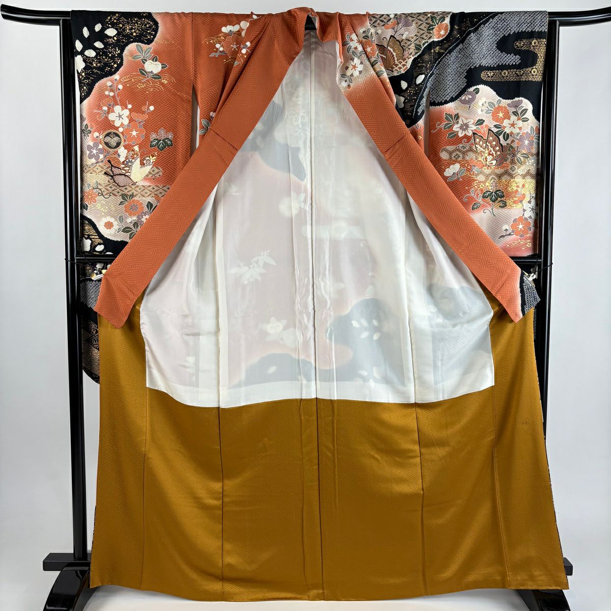 振袖禮服 身長166.5cm 袖長64.5cm M 雙層 蝶 草花紋 金絲 金銀彩 紅茶 純蠶絲 秀品級