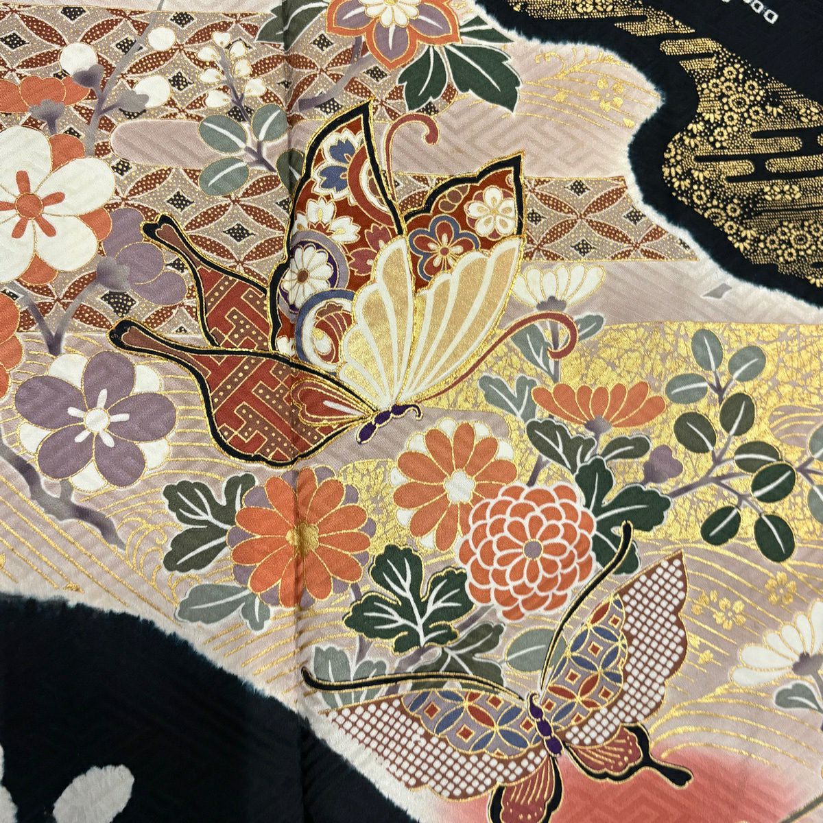 振袖禮服 身長166.5cm 袖長64.5cm M 雙層 蝶 草花紋 金絲 金銀彩 紅茶 純蠶絲 秀品級