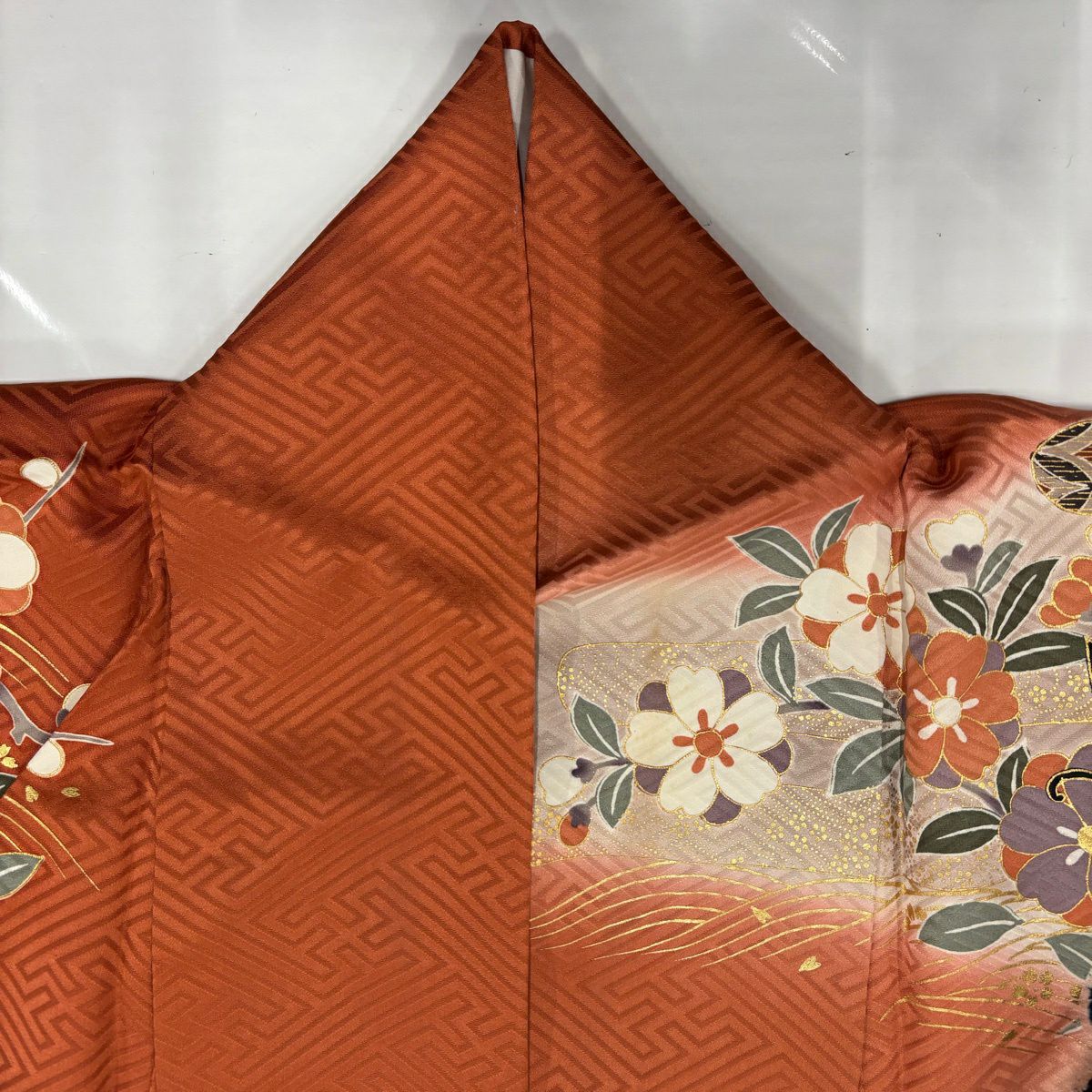 振袖禮服 身長166.5cm 袖長64.5cm M 雙層 蝶 草花紋 金絲 金銀彩 紅茶 純蠶絲 秀品級
