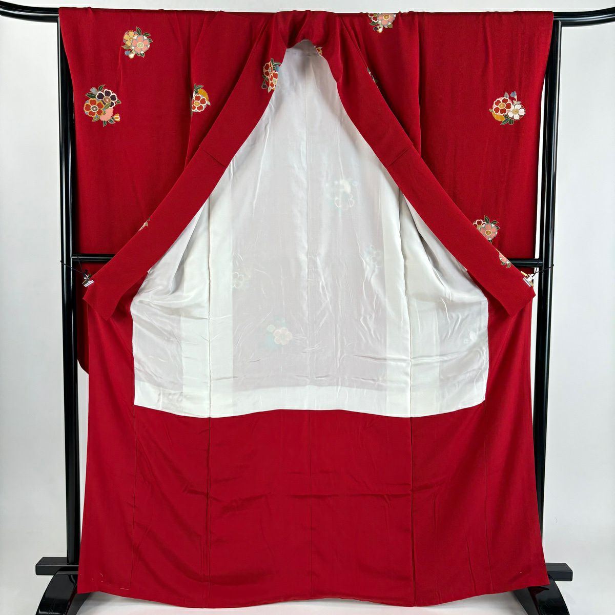 【美品】振袖禮服 身長166cm 袖長64.5cm M 雙層 草花紋紋 金彩裝飾 縮緬 紅 純蠶絲 秀品級