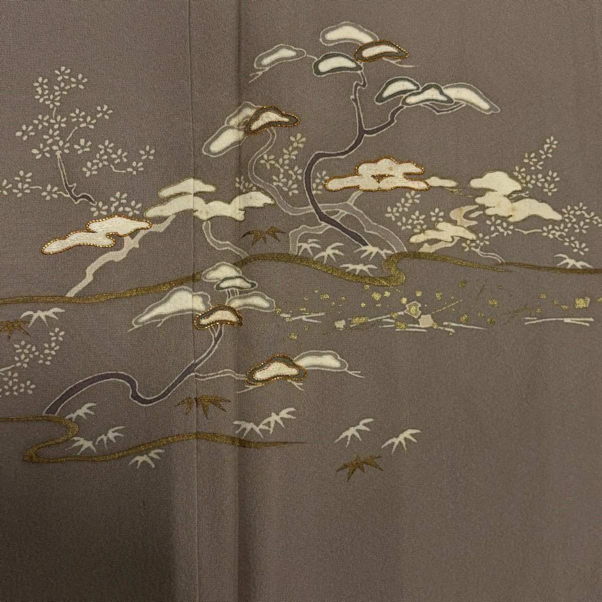 付下 身長153.5cm 袖長63.5cm S 雙層 松樹竹子梅花 霞 金銀彩 金絲 灰茶 純蠶絲 優品級