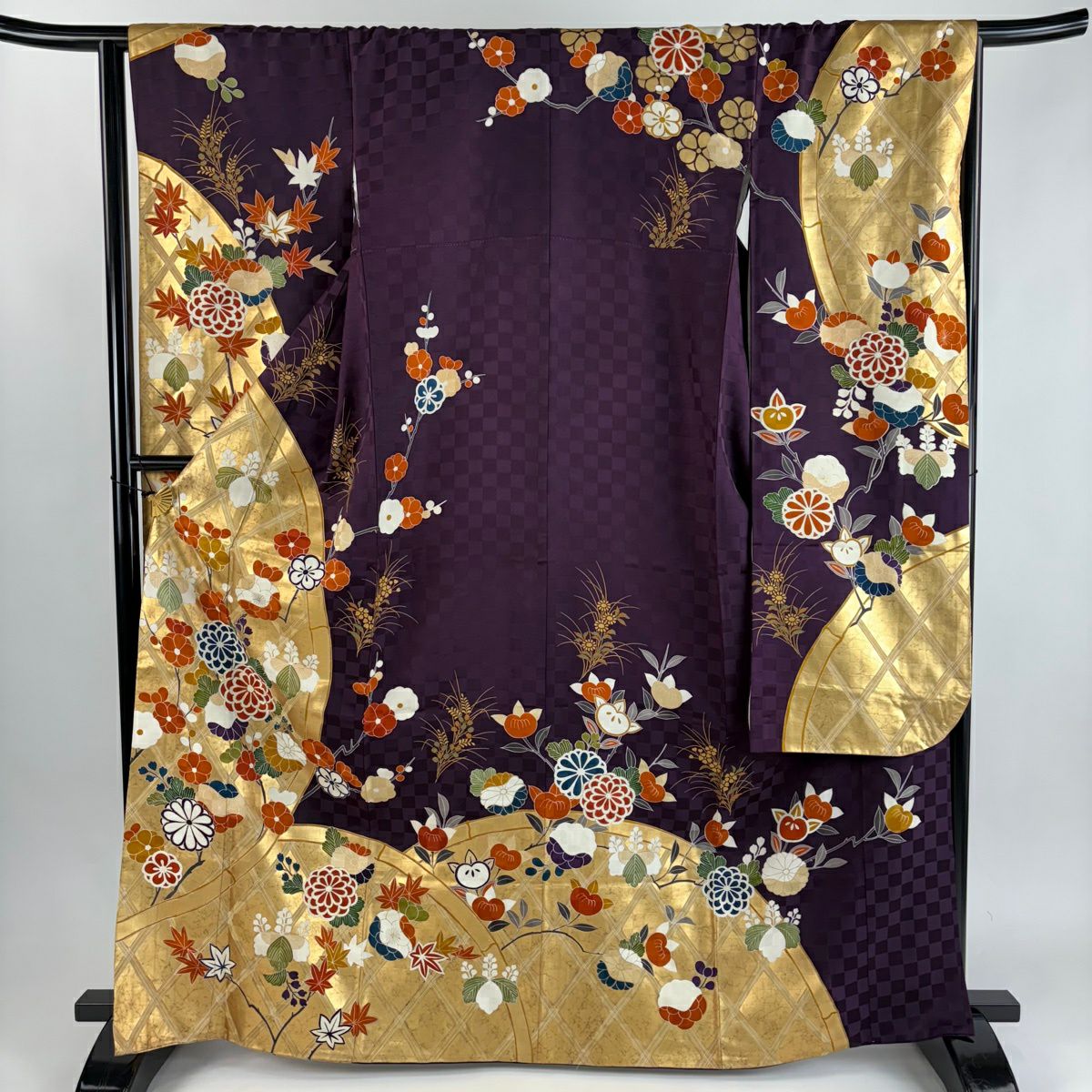振袖禮服 身長166cm 袖長65cm M 雙層 ますいわ屋 菊花 枝梅花 金絲 金銀彩 深紫 純蠶絲 秀品級