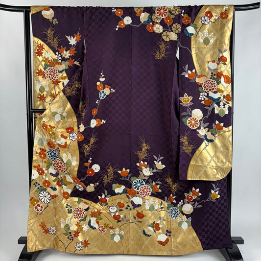 振袖禮服 身長166cm 袖長65cm M 雙層 ますいわ屋 菊花 枝梅花 金絲 金銀彩 深紫 純蠶絲 秀品級