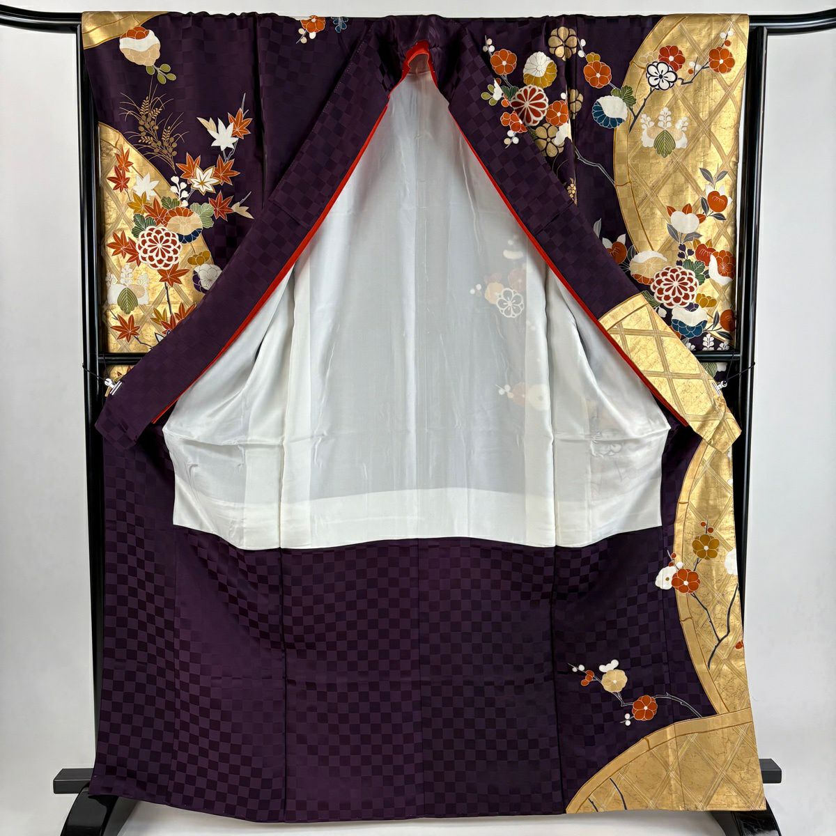 振袖禮服 身長166cm 袖長65cm M 雙層 ますいわ屋 菊花 枝梅花 金絲 金銀彩 深紫 純蠶絲 秀品級