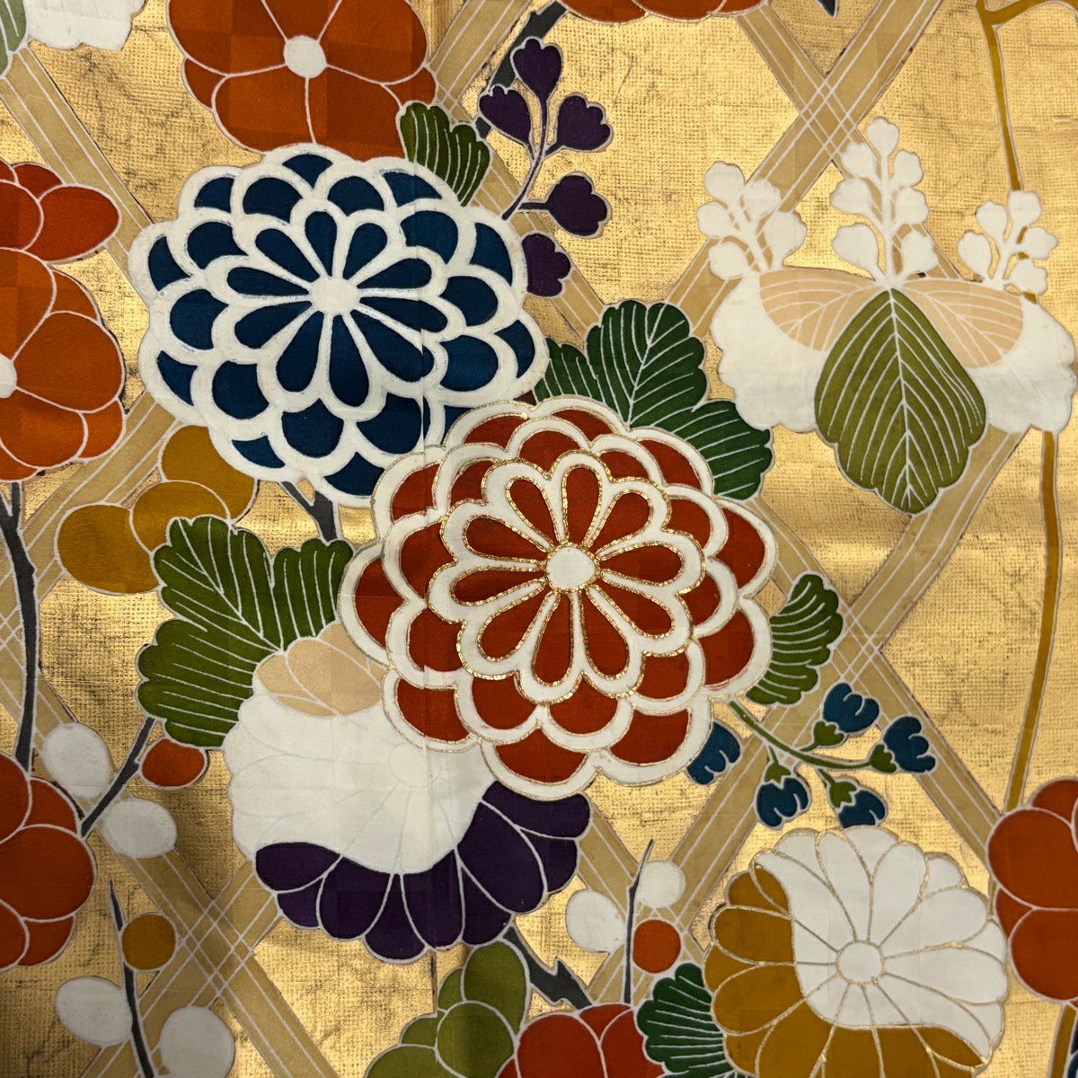 振袖禮服 身長166cm 袖長65cm M 雙層 ますいわ屋 菊花 枝梅花 金絲 金銀彩 深紫 純蠶絲 秀品級