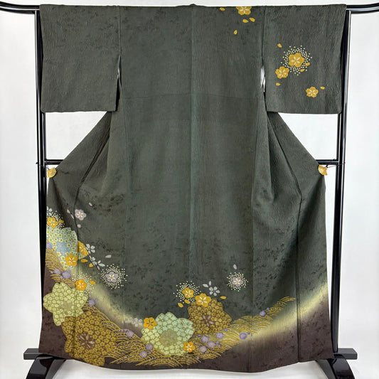 訪問服 身長162cm 袖長65cm M 雙層 大和櫻波金銀彩絞染茶綠 純蠶絲 秀品級