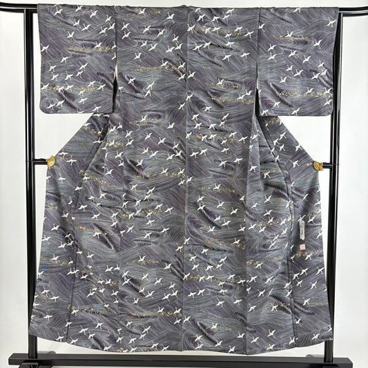 【美品】 小紋 身長152cm 袖長62.5cm S 雙層 落款あり 仙鶴 流水 金銀彩 黑 純蠶絲 秀品級