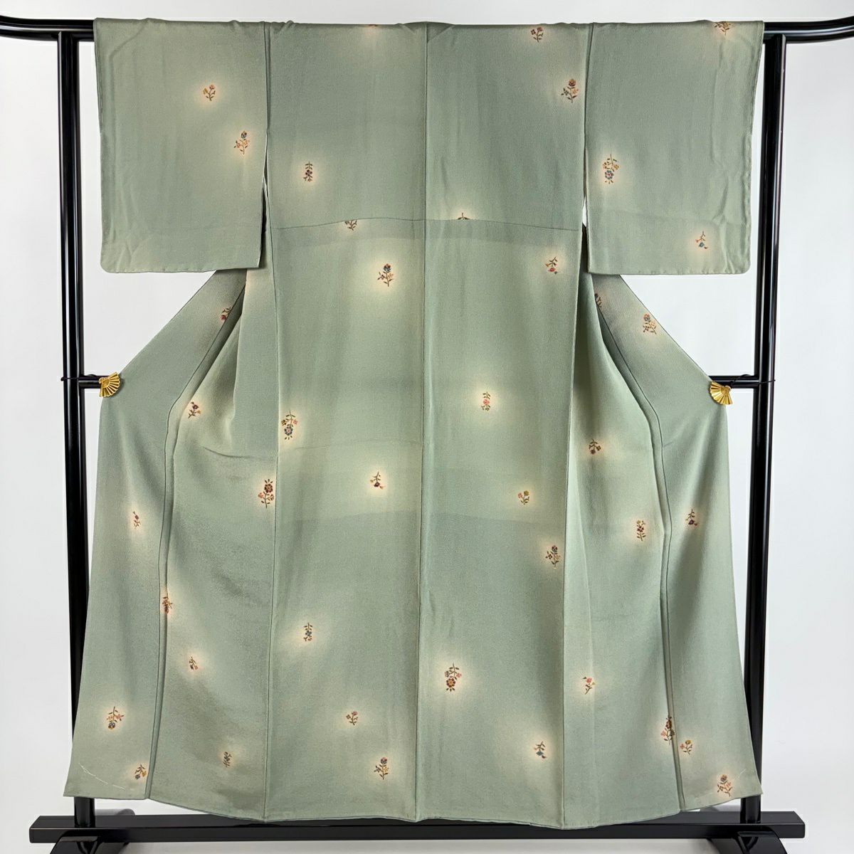 【美品】 小紋 身長153.5cm 袖長61.5cm S 雙層 草花紋紋 金銀彩 絞緬 灰綠 純蠶絲 秀品級