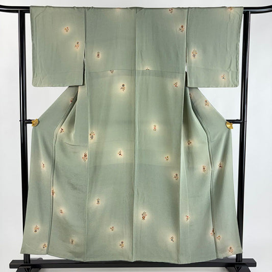 【美品】 小紋 身長153.5cm 袖長61.5cm S 雙層 草花紋紋 金銀彩 絞緬 灰綠 純蠶絲 秀品級