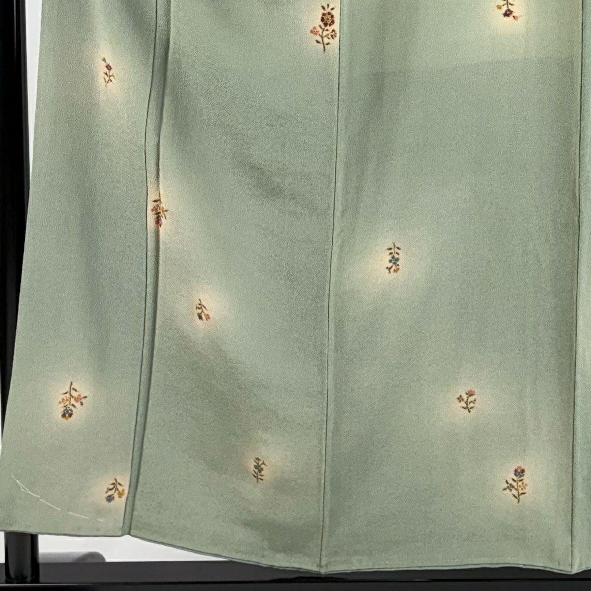 【美品】 小紋 身長153.5cm 袖長61.5cm S 雙層 草花紋紋 金銀彩 絞緬 灰綠 純蠶絲 秀品級