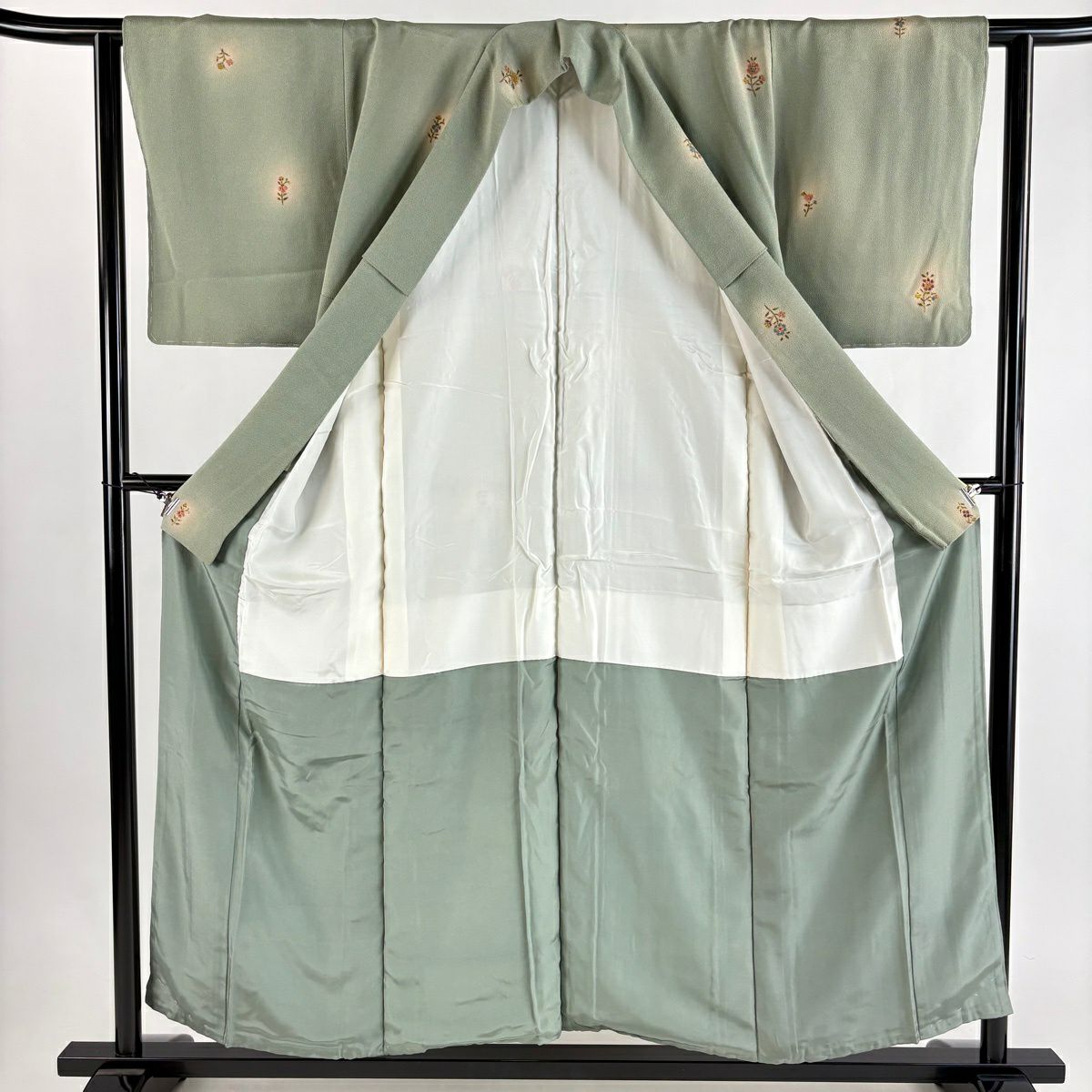 【美品】 小紋 身長153.5cm 袖長61.5cm S 雙層 草花紋紋 金銀彩 絞緬 灰綠 純蠶絲 秀品級