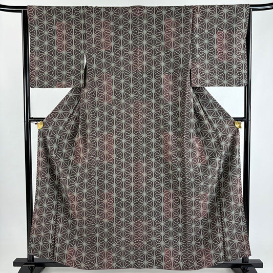【美品】 小紋 身長159.5cm 袖長65cm M 雙層 麻葉 幾何學 焦茶 純蠶絲 秀品級