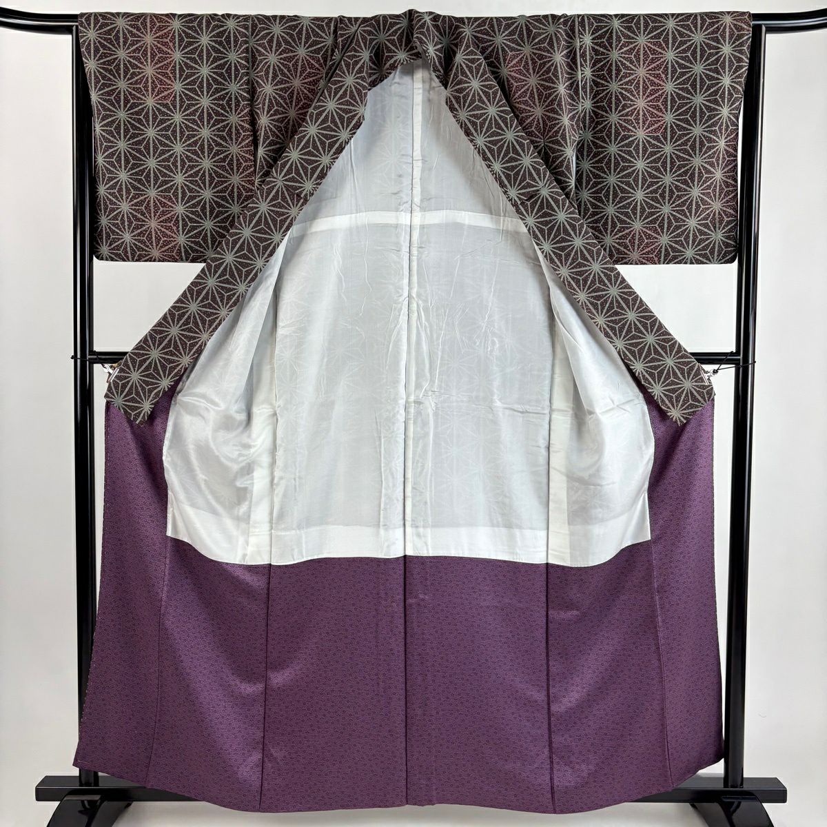 【美品】 小紋 身長159.5cm 袖長65cm M 雙層 麻葉 幾何學 焦茶 純蠶絲 秀品級