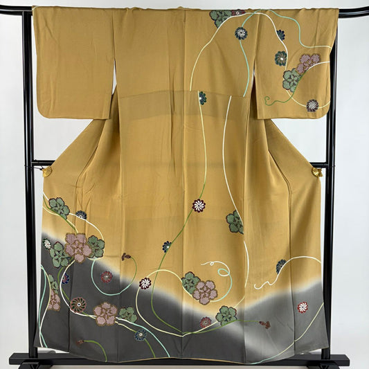 訪問服 身長156cm 袖長64.5cm M 雙層 山組紐 金銀彩 絞緬 山吹茶 純蠶絲 秀品級