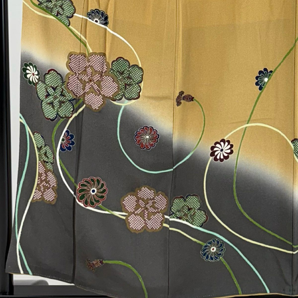 訪問服 身長156cm 袖長64.5cm M 雙層 山組紐 金銀彩 絞緬 山吹茶 純蠶絲 秀品級