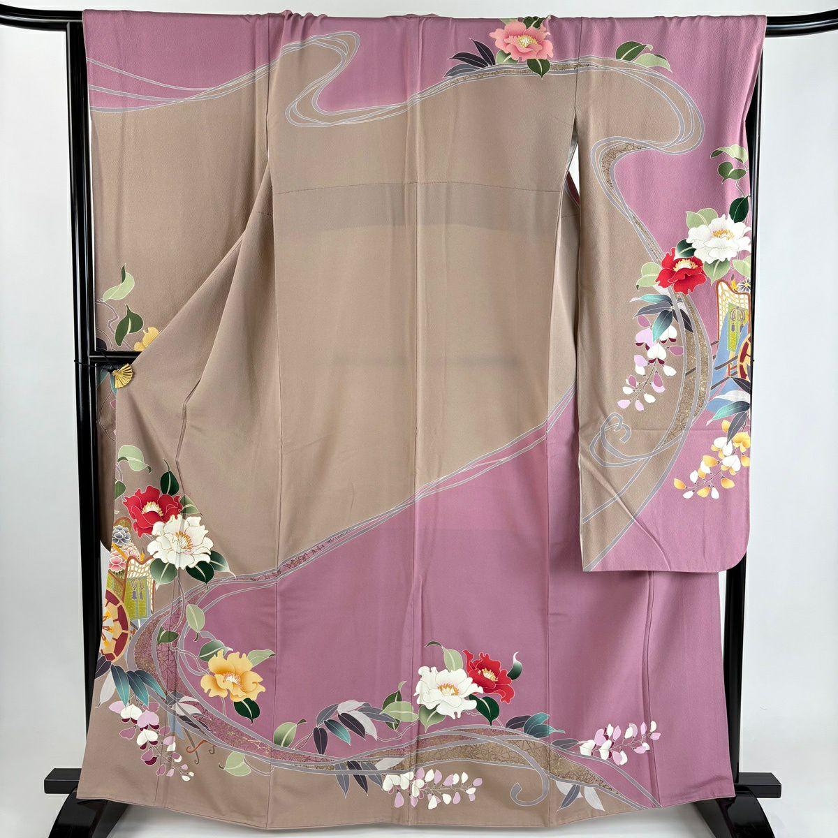 振袖禮服 身長165cm 袖長68cm L 雙層 草花紋紋 御所車 金絲 金銀彩 灰茶 純蠶絲 秀品級