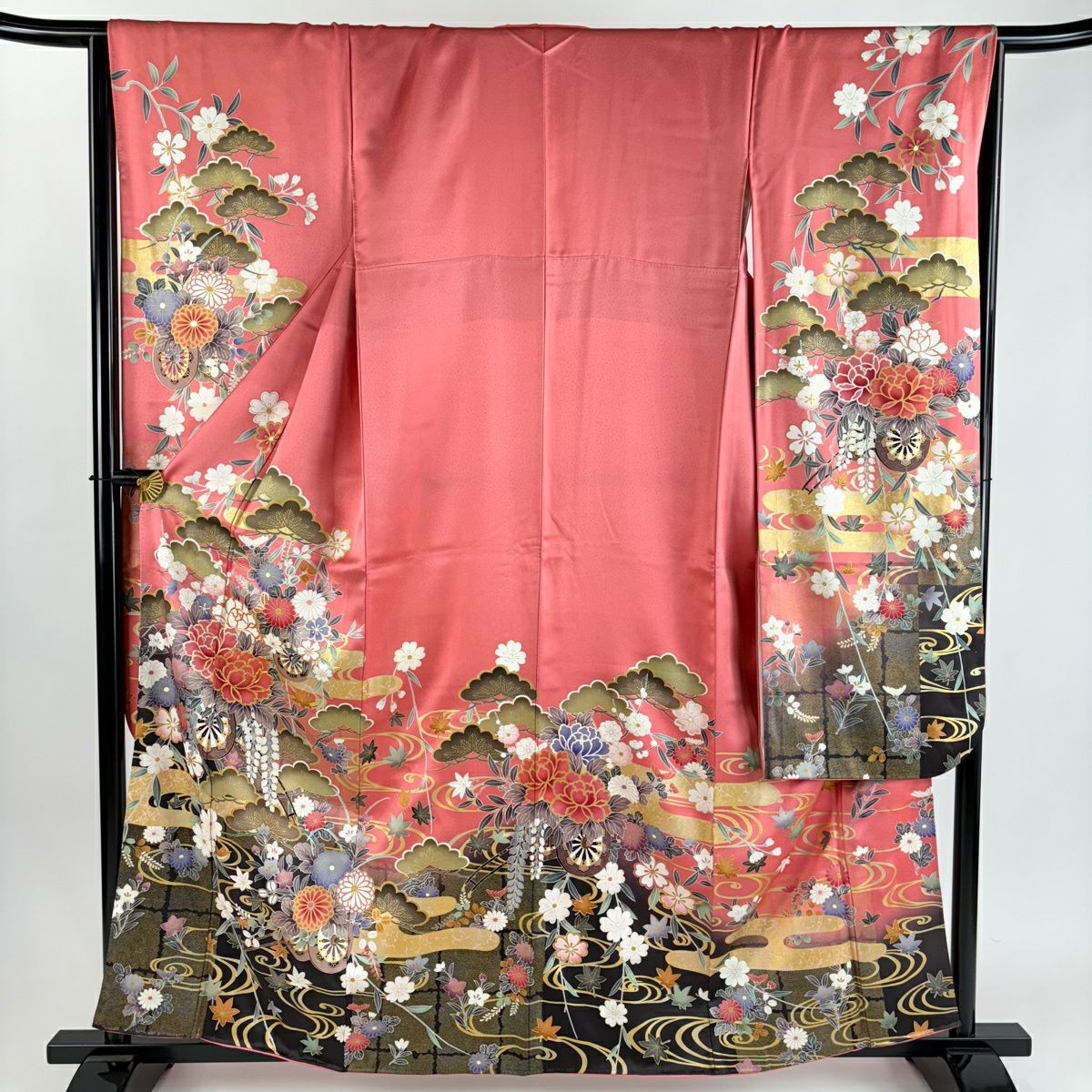 振袖禮服 身長160.5cm 袖長66.5cm M 雙層 花車 松樹 金絲 金銀彩 粉紅 純蠶絲 優品級