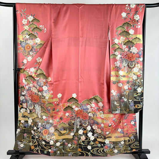 振袖禮服 身長160.5cm 袖長66.5cm M 雙層 花車 松樹 金絲 金銀彩 粉紅 純蠶絲 優品級