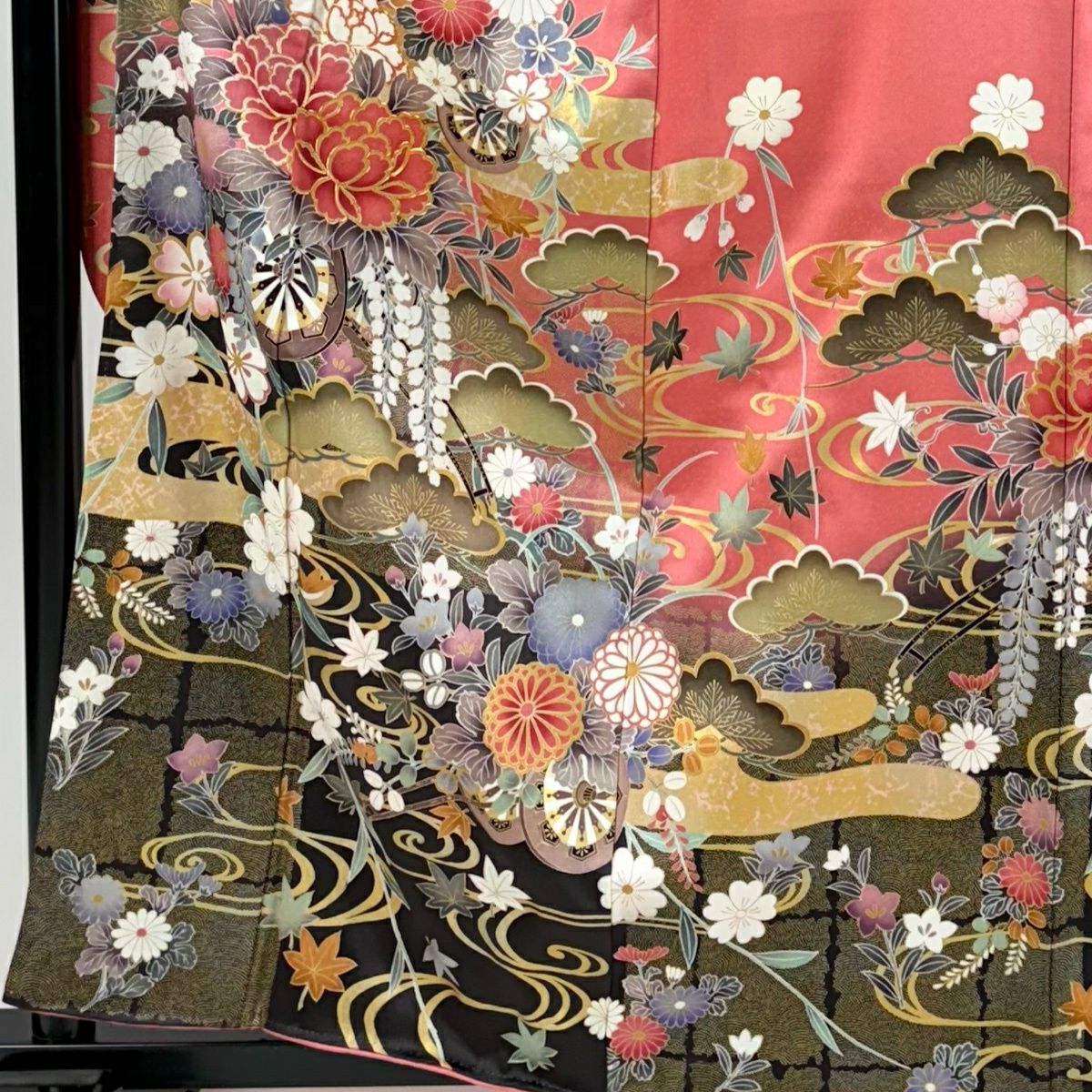振袖禮服 身長160.5cm 袖長66.5cm M 雙層 花車 松樹 金絲 金銀彩 粉紅 純蠶絲 優品級
