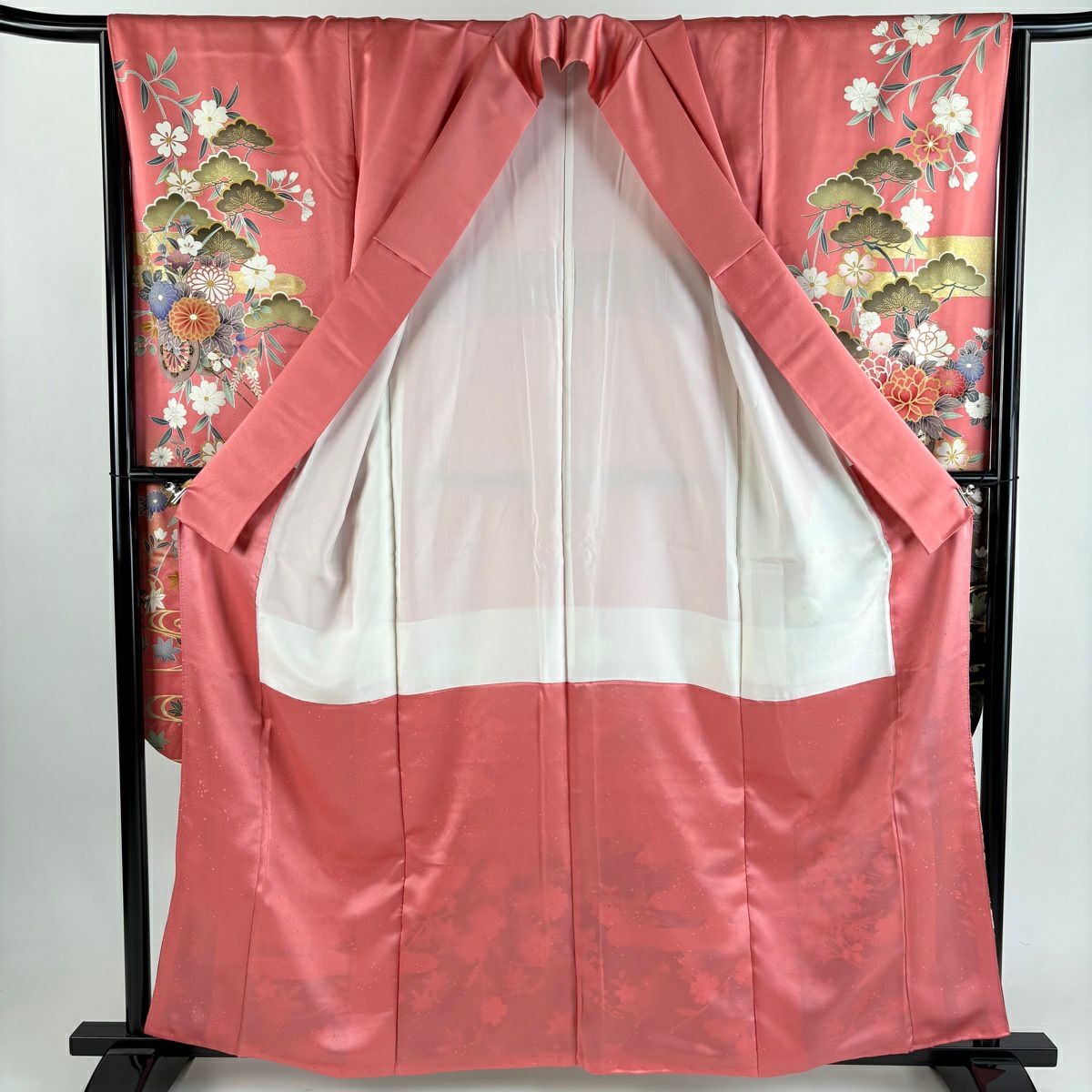 振袖禮服 身長160.5cm 袖長66.5cm M 雙層 花車 松樹 金絲 金銀彩 粉紅 純蠶絲 優品級