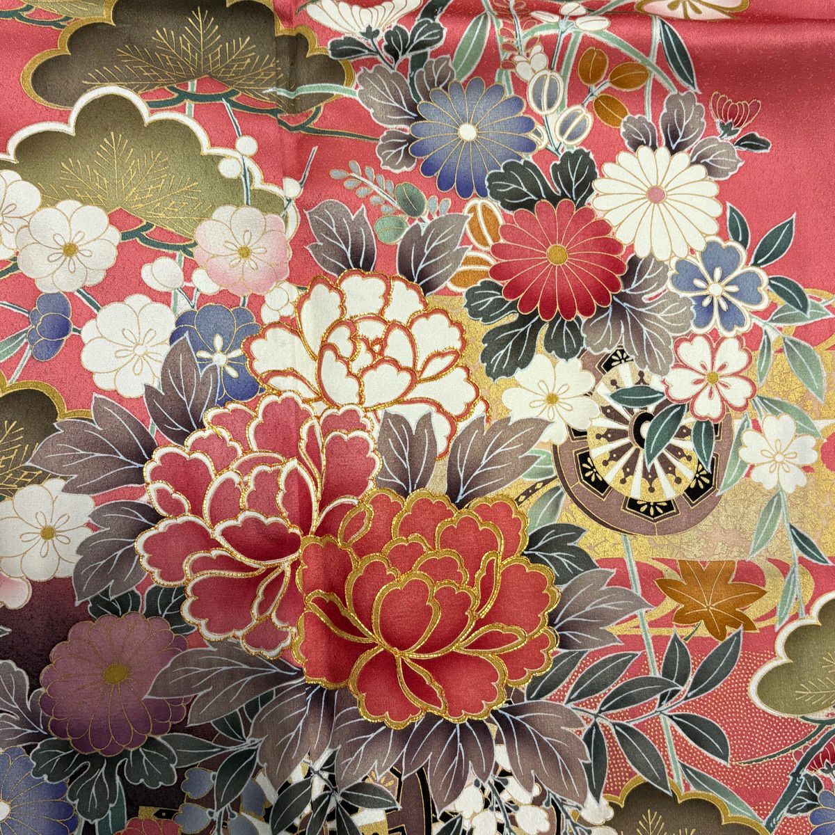 振袖禮服 身長160.5cm 袖長66.5cm M 雙層 花車 松樹 金絲 金銀彩 粉紅 純蠶絲 優品級
