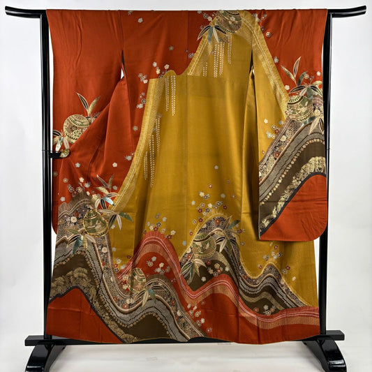 振袖禮服 身長157cm 袖長64.5cm M 雙層 松樹竹子梅花 鈴 金絲 金銀彩 紅茶 純蠶絲 秀品級