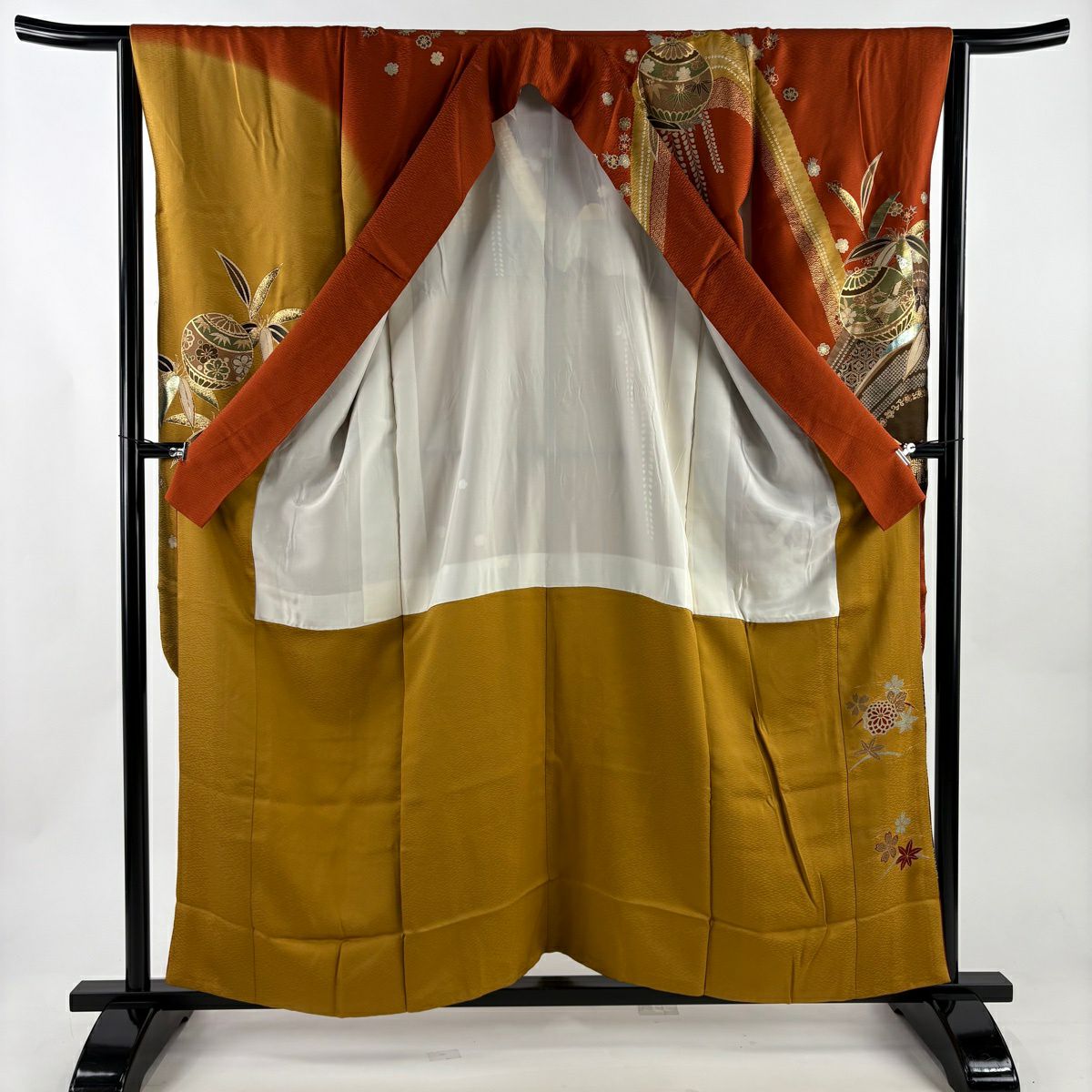 振袖禮服 身長157cm 袖長64.5cm M 雙層 松樹竹子梅花 鈴 金絲 金銀彩 紅茶 純蠶絲 秀品級