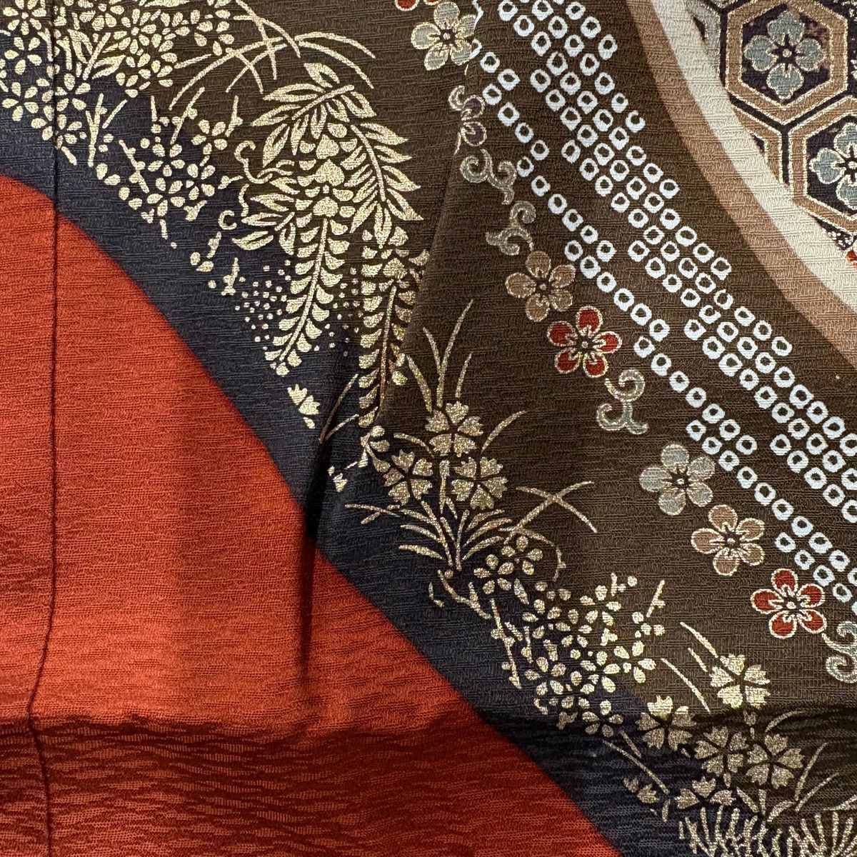 振袖禮服 身長157cm 袖長64.5cm M 雙層 松樹竹子梅花 鈴 金絲 金銀彩 紅茶 純蠶絲 秀品級