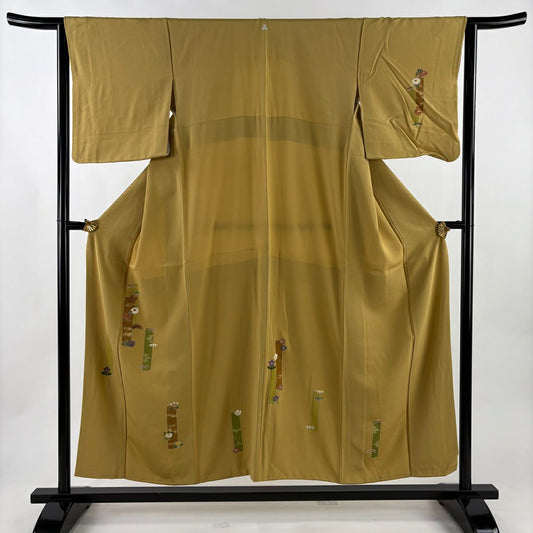 付下 身長153cm 袖長64cm M 雙層 松樹 菊花 刺繡 金彩裝飾 芥末色 純蠶絲 優品級 一個紋