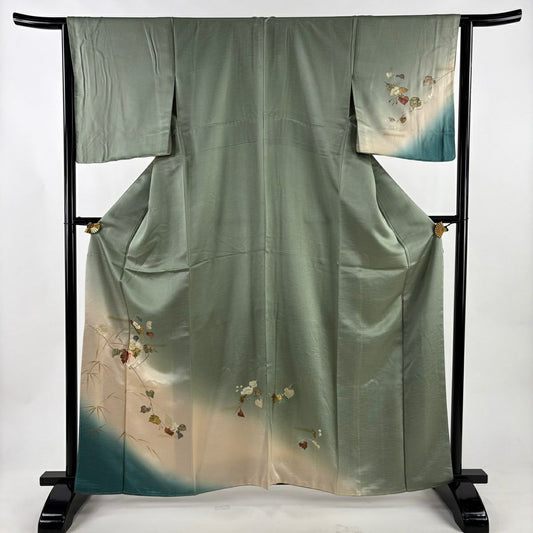 付下 身長162cm 袖長63.5cm S 雙層 枝花 笹 金銀彩 螺鈿 灰綠 純蠶絲 秀品級